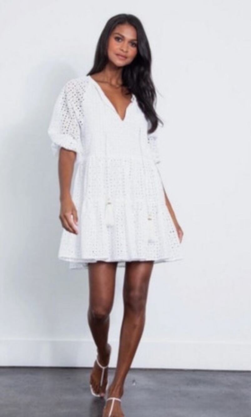 Karina Grimaldi White Eyelet Mini Dress XS Boho Resort Bridal Shower